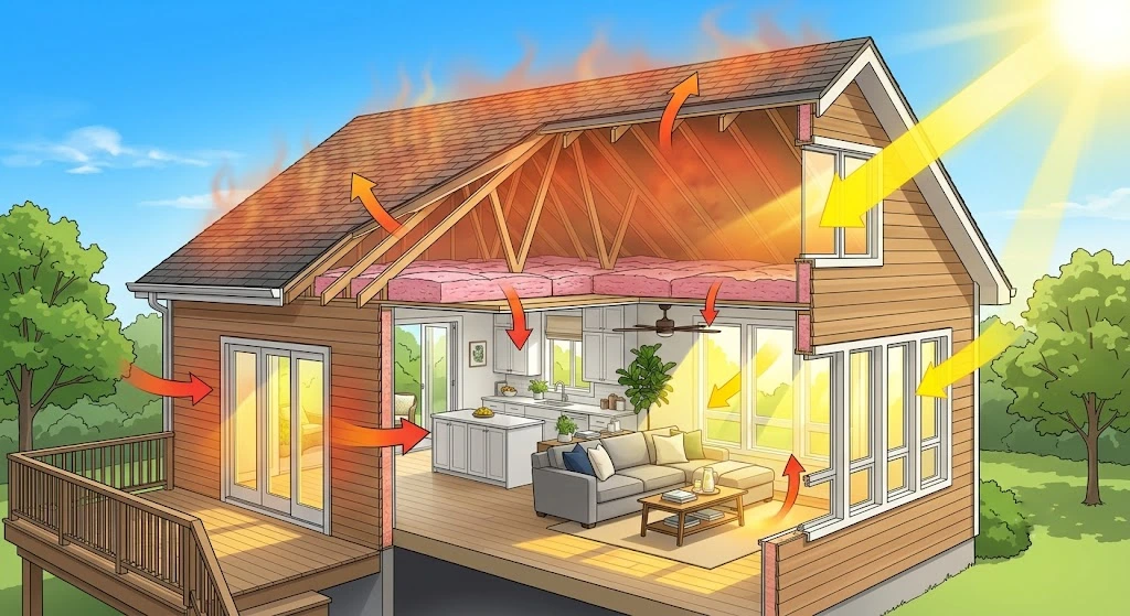 10 Easy Ways to Cool Your Home Without Spending a Fortune 1 Illustration showing how heat enters a house through the roof, walls, and windows.