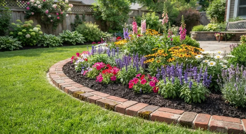Classic brick garden edging around flower beds