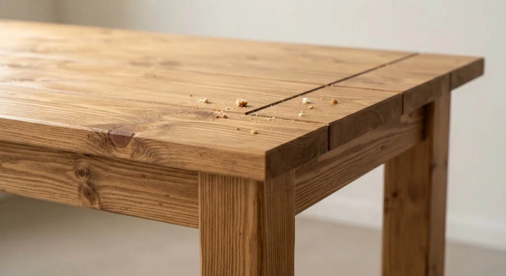 Close-up of solid pine tabletop wood grain and board grooves