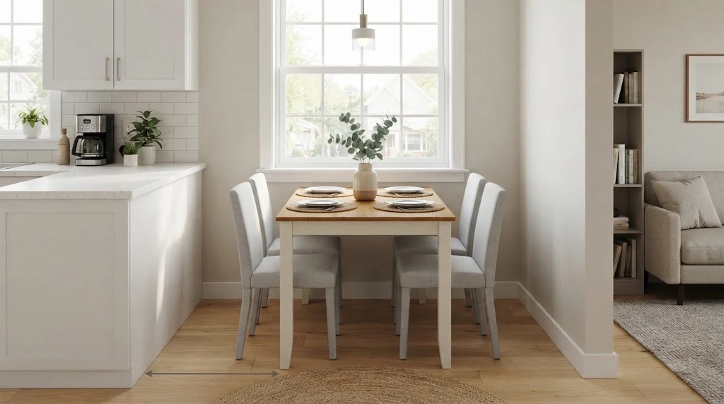 Compact four-person dining table arranged in a small apartment