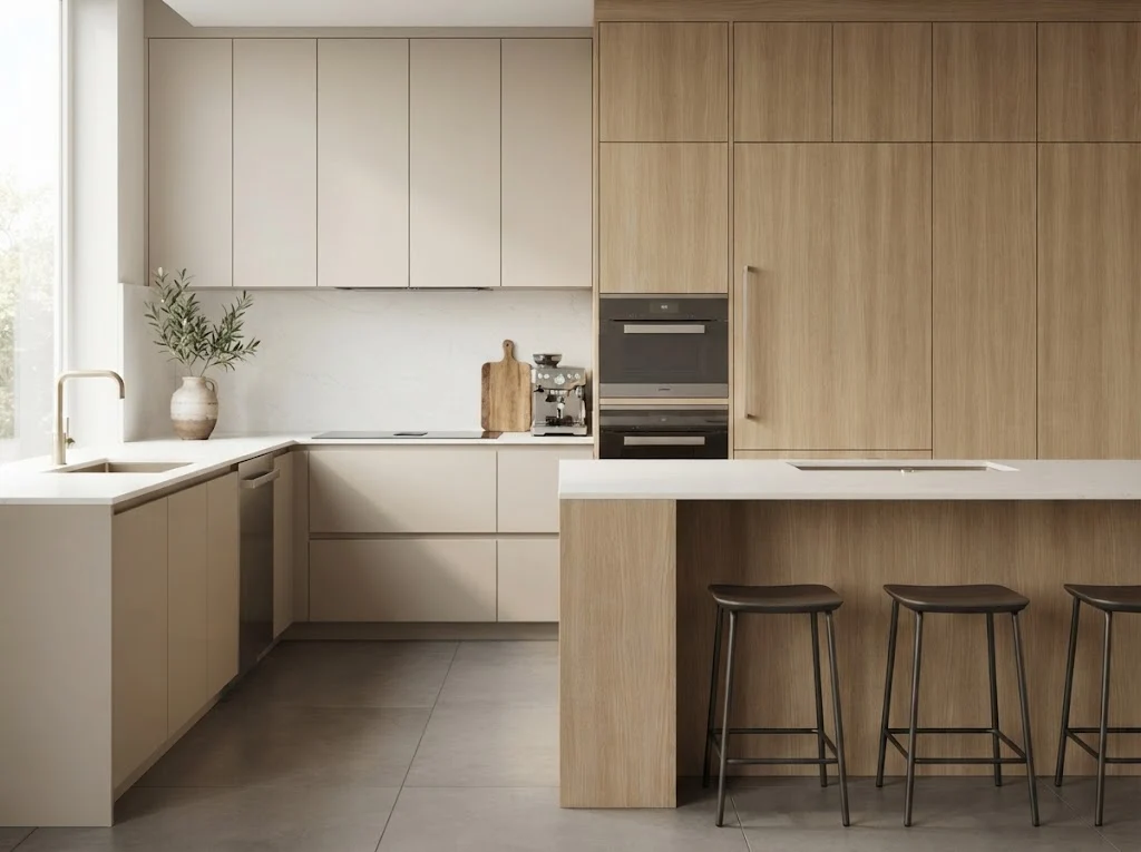Modern kitchen with flat-front handleless cabinets