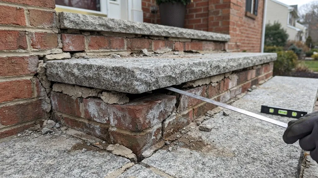 Granite step showing loose tread and damaged mortar
