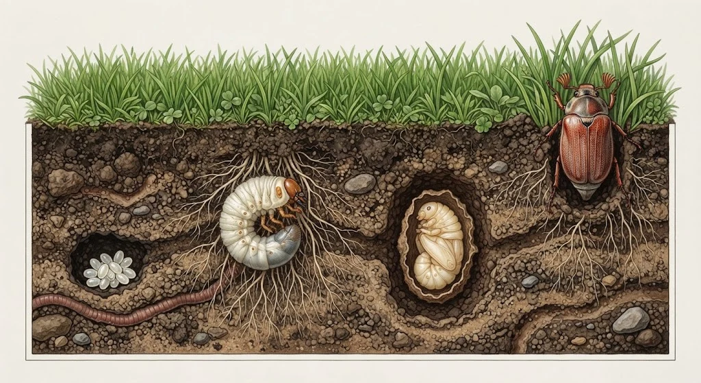 June bug life cycle from egg and grub to pupa and adult beetle