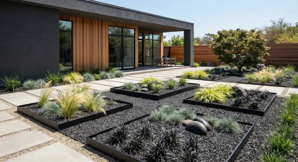 Modern metal garden edging around landscaping