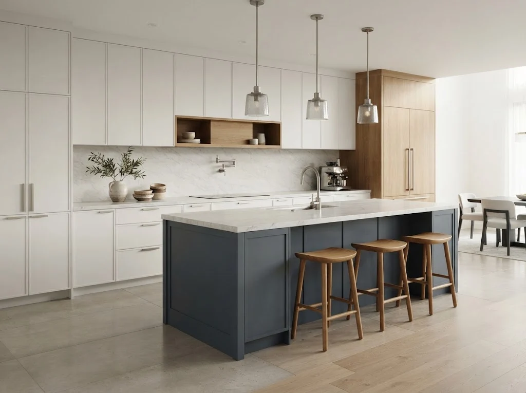 Modern kitchen with a muted blue island and neutral cabinets