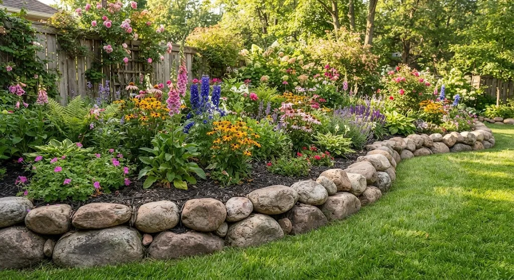 Natural stone garden edging with decorative rocks
