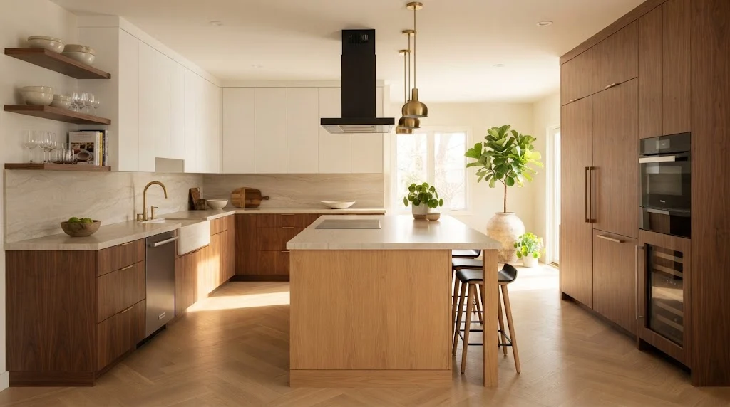 Modern kitchen with warm walnut and white oak cabinets
