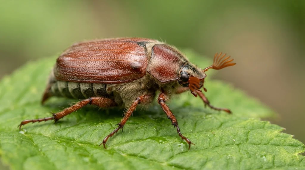 Close-up of a June bug showing its brown body and hard wing covers