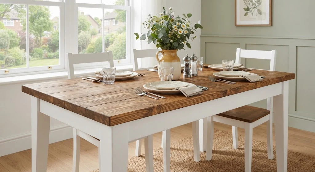 Two-tone brown and white solid pine dining table in a breakfast nook