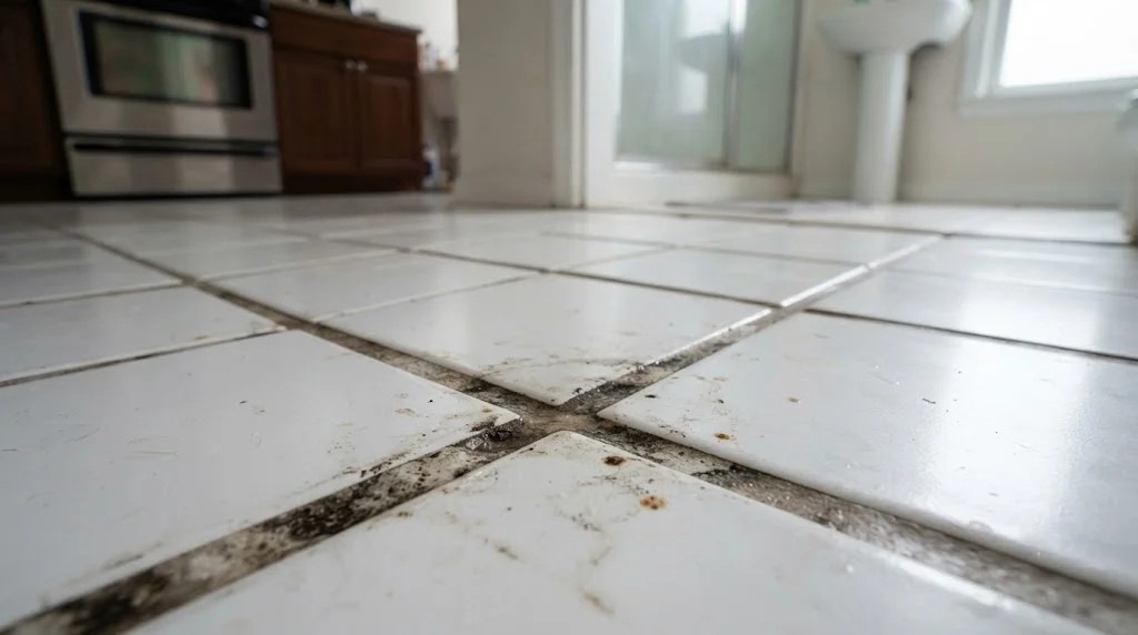 How to Clean Tile Grout Without Scrubbing for Hours 1 Dirty porous tile grout holding dirt grease and moisture