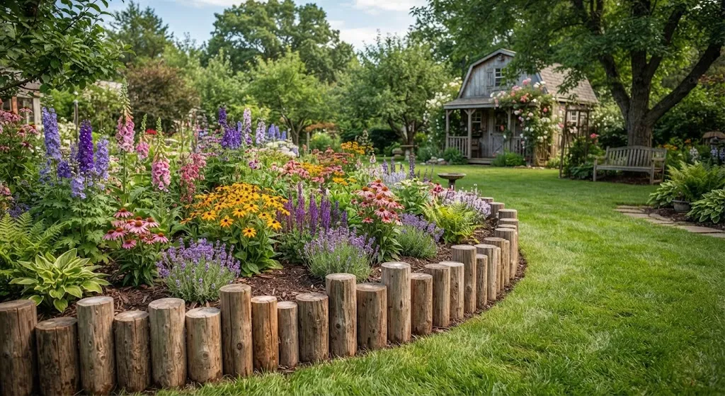 Rustic wooden log edging around a garden bed
