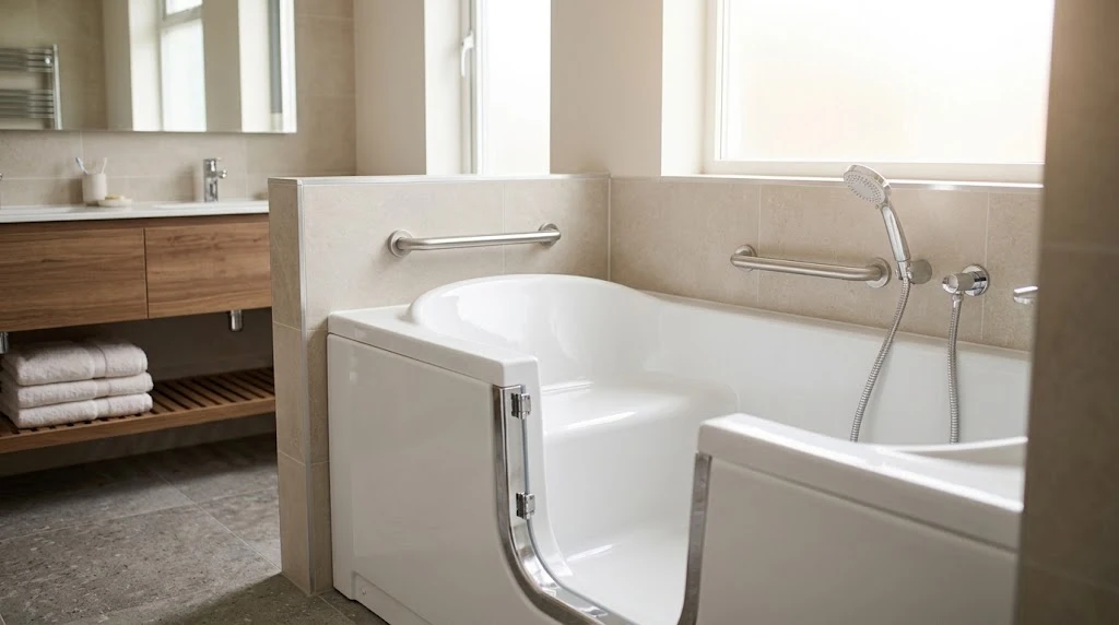 Modern accessible walk-in bathtub with safety features