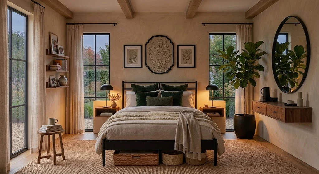 Dreamy Bedroom Ideas: Cozy, Romantic, and Beautiful Designs for 2026 18 Moody bedroom aesthetic with black accents and cream decor
