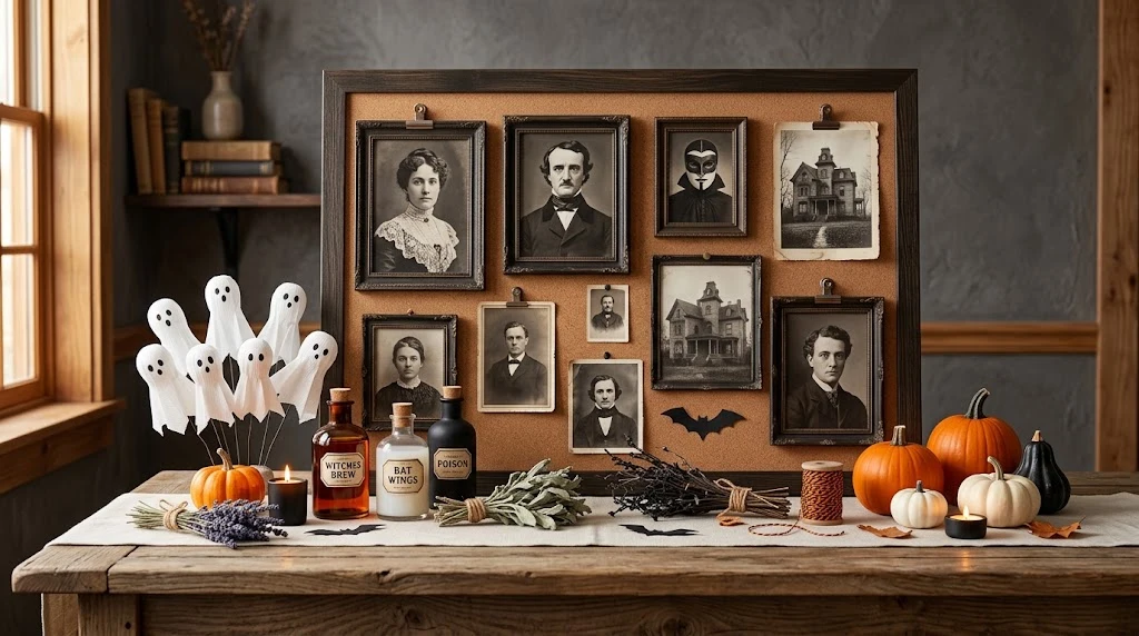 Halloween wall decor theme ideas in black, white, and orange
