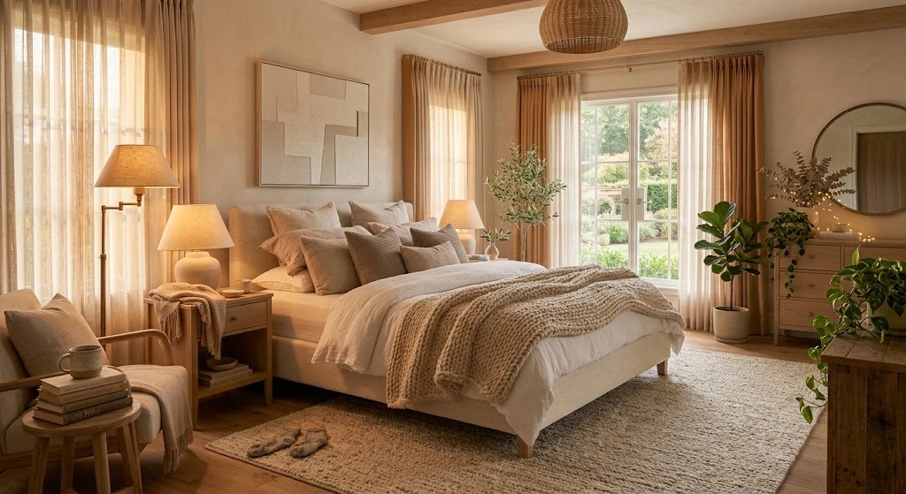 Dreamy Bedroom Ideas: Cozy, Romantic, and Beautiful Designs for 2026 3 Cozy bedroom aesthetic with layered bedding and reading chair