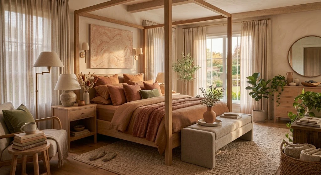 Dreamy Bedroom Ideas: Cozy, Romantic, and Beautiful Designs for 2026 6 Earthy bedroom with terracotta, wood, and olive accents