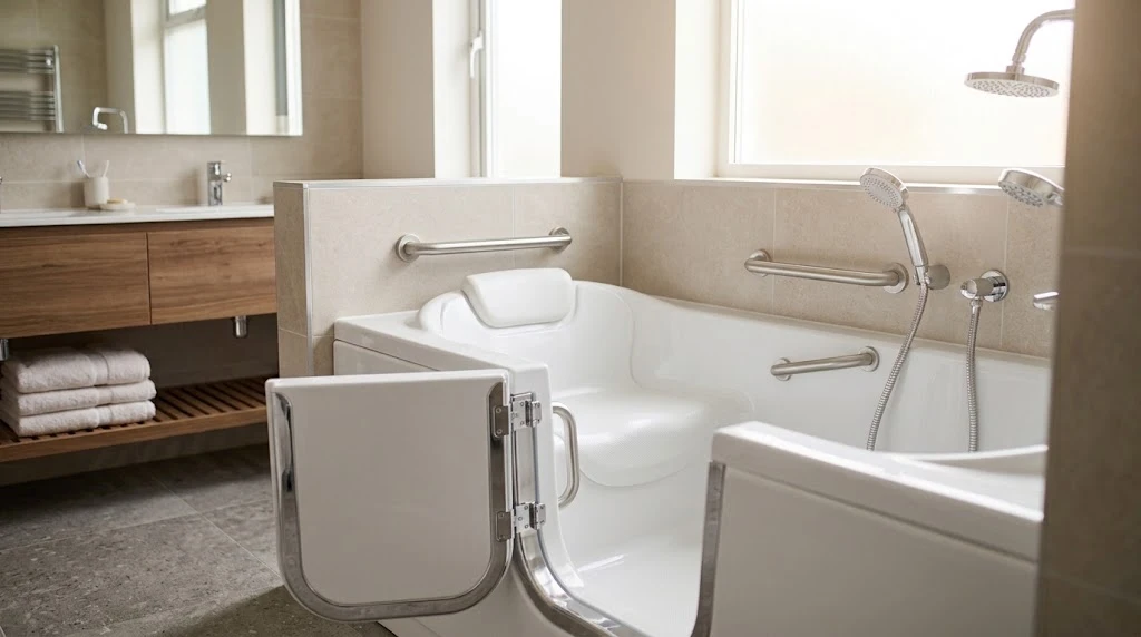 Premium walk-in bathtub with wide entry door and built-in seat