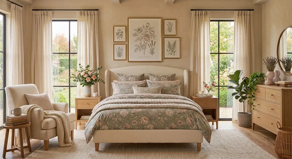 Dreamy Bedroom Ideas: Cozy, Romantic, and Beautiful Designs for 2026 12 Romantic bedroom with floral bedding and fresh flowers