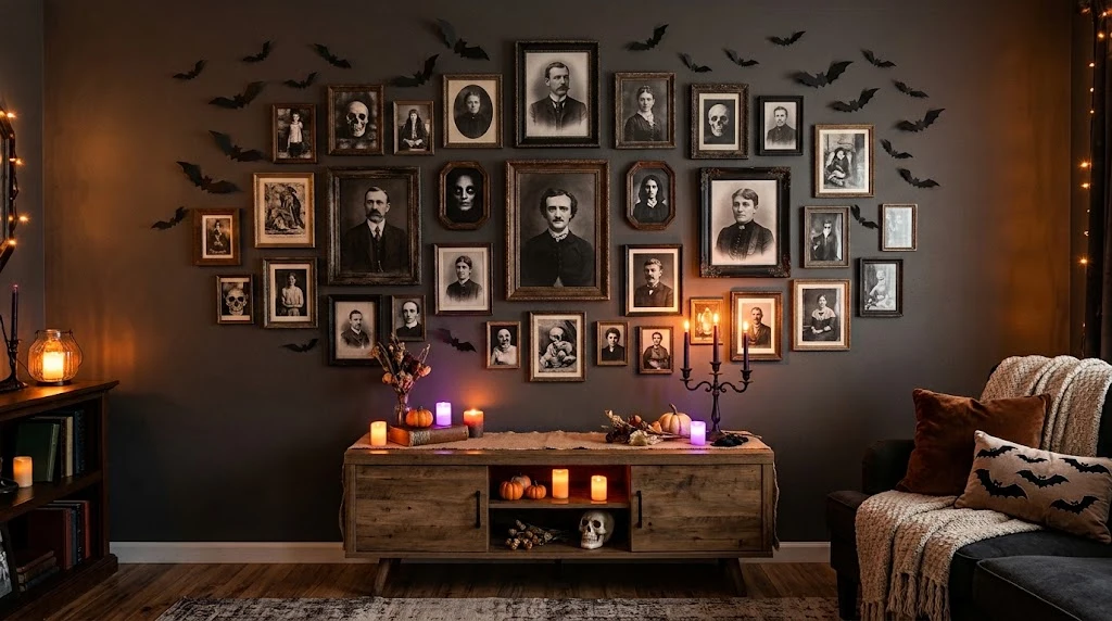 Haunted Halloween gallery wall with vintage portraits and black frames