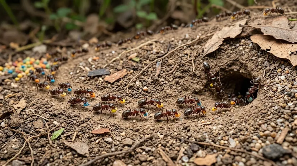 Worker ants carrying bait back to their colony
