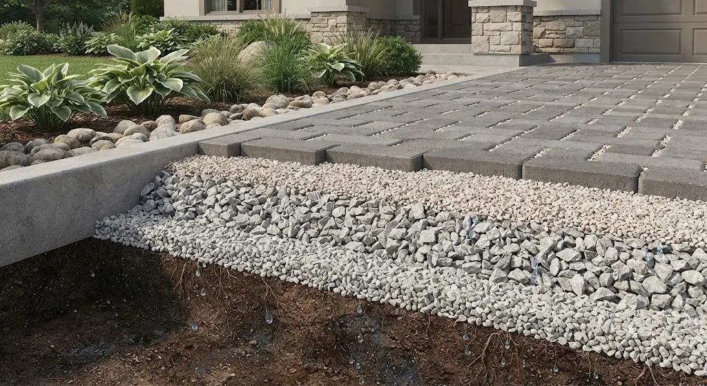 Cross section showing how a permeable paver driveway drains rainwater