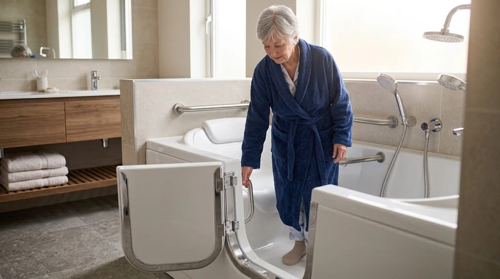 Senior woman safely entering a walk-in bathtub