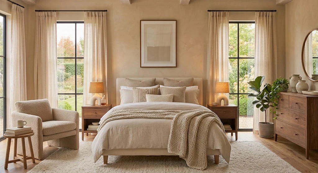 Dreamy Bedroom Ideas: Cozy, Romantic, and Beautiful Designs for 2026 14 Cozy bedroom with layered cream and beige bedding