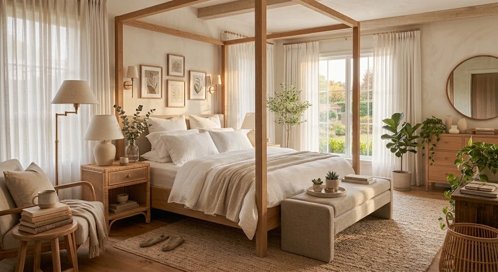 Dreamy Bedroom Ideas: Cozy, Romantic, and Beautiful Designs for 2026 7 Bedroom with natural wood, rattan, linen, and plants