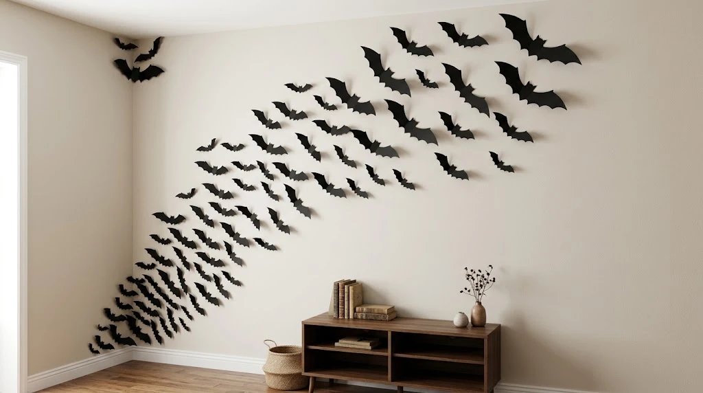DIY black paper bats arranged in a swarm across a wall
