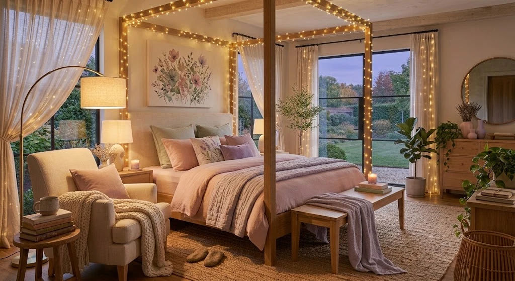 Dreamy Bedroom Ideas: Cozy, Romantic, and Beautiful Designs for 2026 11 Cozy bedroom reading corner with warm fairy lights
