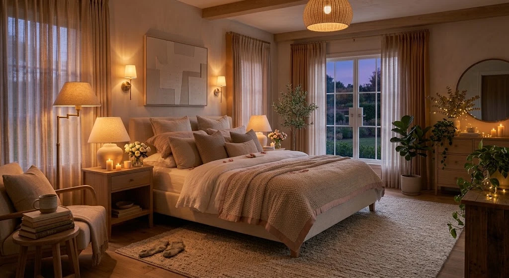 Dreamy Bedroom Ideas: Cozy, Romantic, and Beautiful Designs for 2026 4 Romantic bedroom with warm bedside lighting