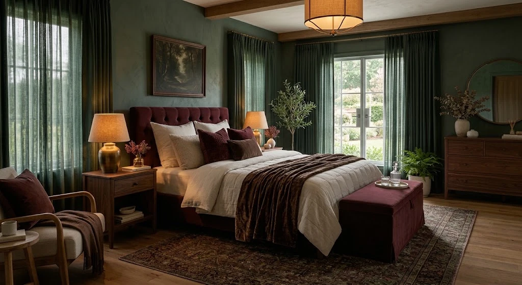 Dreamy Bedroom Ideas: Cozy, Romantic, and Beautiful Designs for 2026 1 Romantic moody bedroom with deep green walls and velvet accents