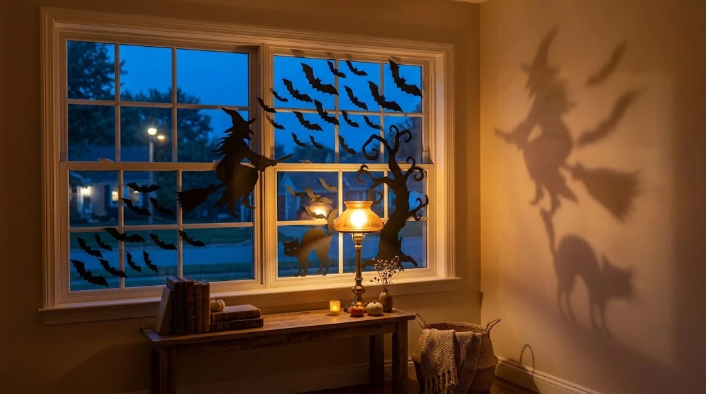 Halloween window decorated with black paper silhouettes and glowing light