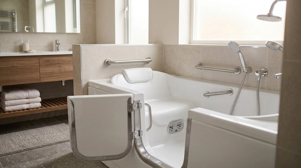 Walk-in tub with grab bars seat and handheld showerhead