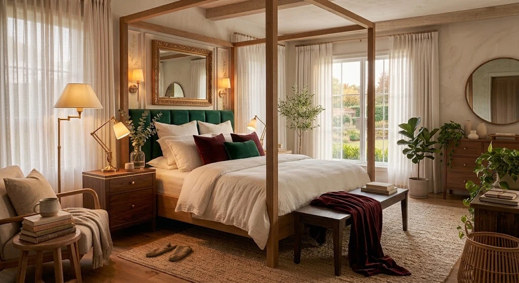 Dreamy Bedroom Ideas: Cozy, Romantic, and Beautiful Designs for 2026 8 Moody bedroom with emerald velvet headboard