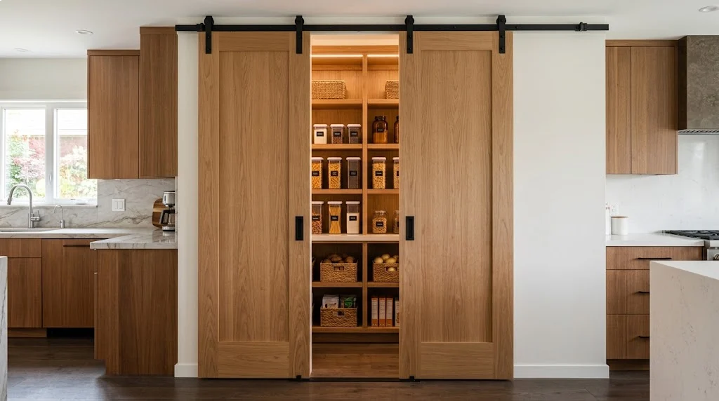Two bypass sliding doors overlapping on a pantry track