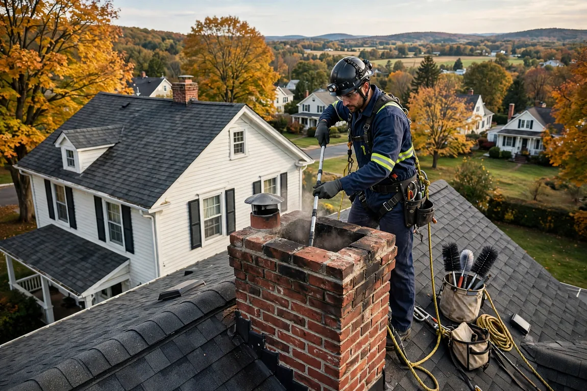 Chimney Sweep Cost: Average Prices, Level 1 vs Level 2 Inspections & Add-Ons (2026 Guide) 1 chimney sweep cost guide showing a professional sweep cleaning a brick chimney flue on a house roof