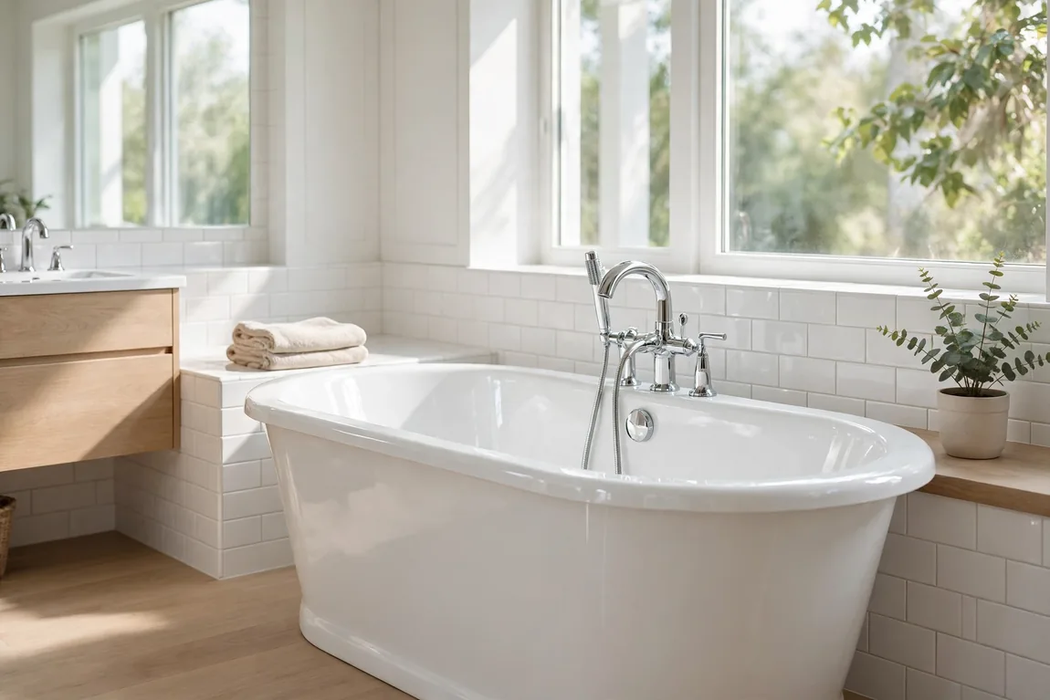 Bathtub Refinishing Cost: Prices by Material, DIY vs Pro and Replacement (2026 Guide) 1 bathtub refinishing cost guide showing a glossy white refinished bathtub in a bright modern bathroom