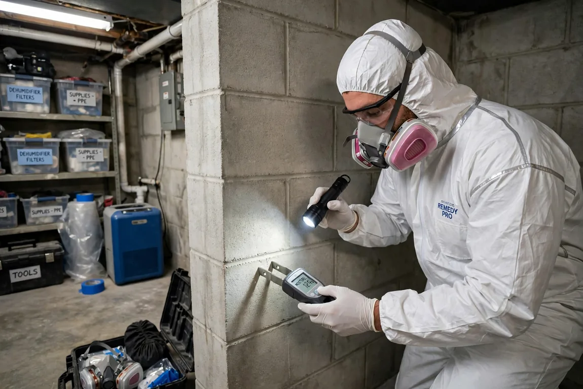 Technician in protective gear inspecting a basement wall while assessing mold remediation cost (Illustrative image)