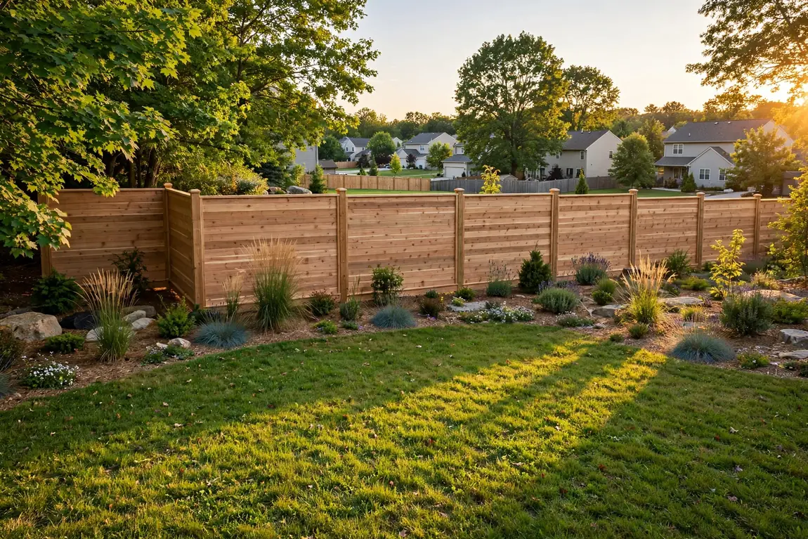 Fence Installation Cost: What Homeowners Pay in 2026 1 New 6-foot wood privacy fence in a suburban backyard showing what a typical fence installation cost covers in 2026 (Illustrative image)