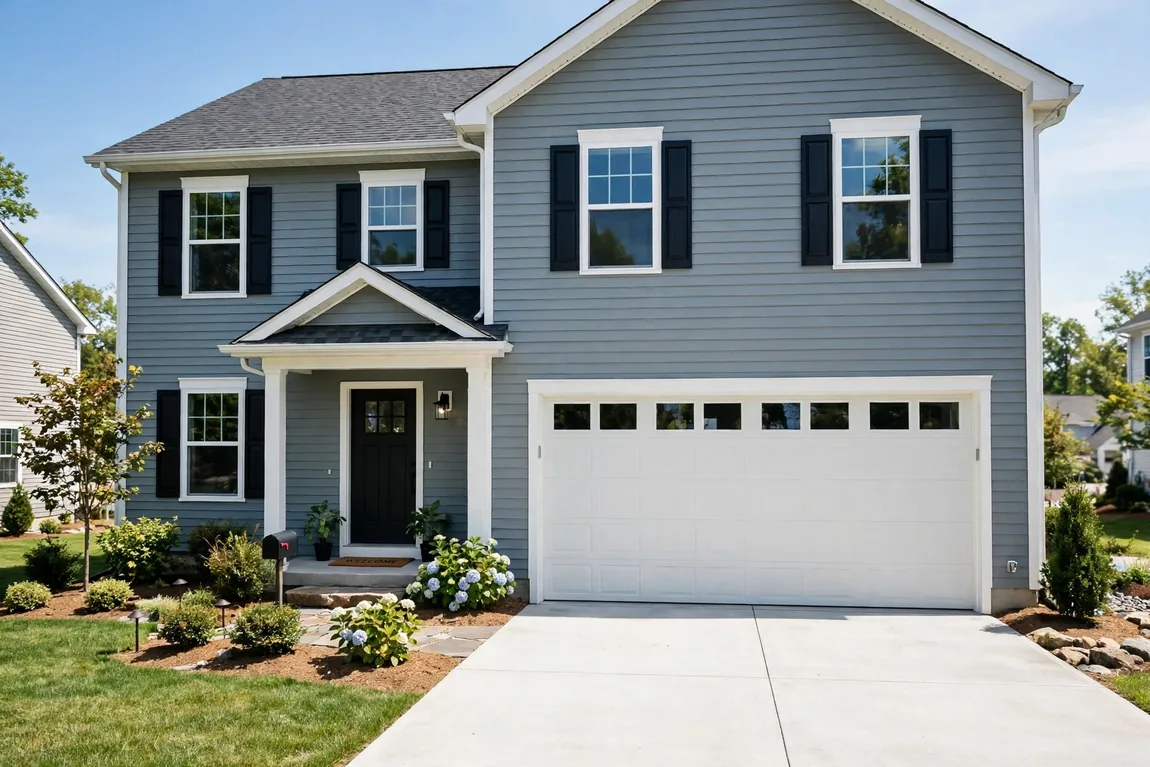 Garage Door Replacement Cost: Single vs Double Doors, Materials & Add-Ons (2026 Guide) 1 garage door replacement cost guide showing a new white insulated double garage door with windows on a suburban home (Illustrative image)