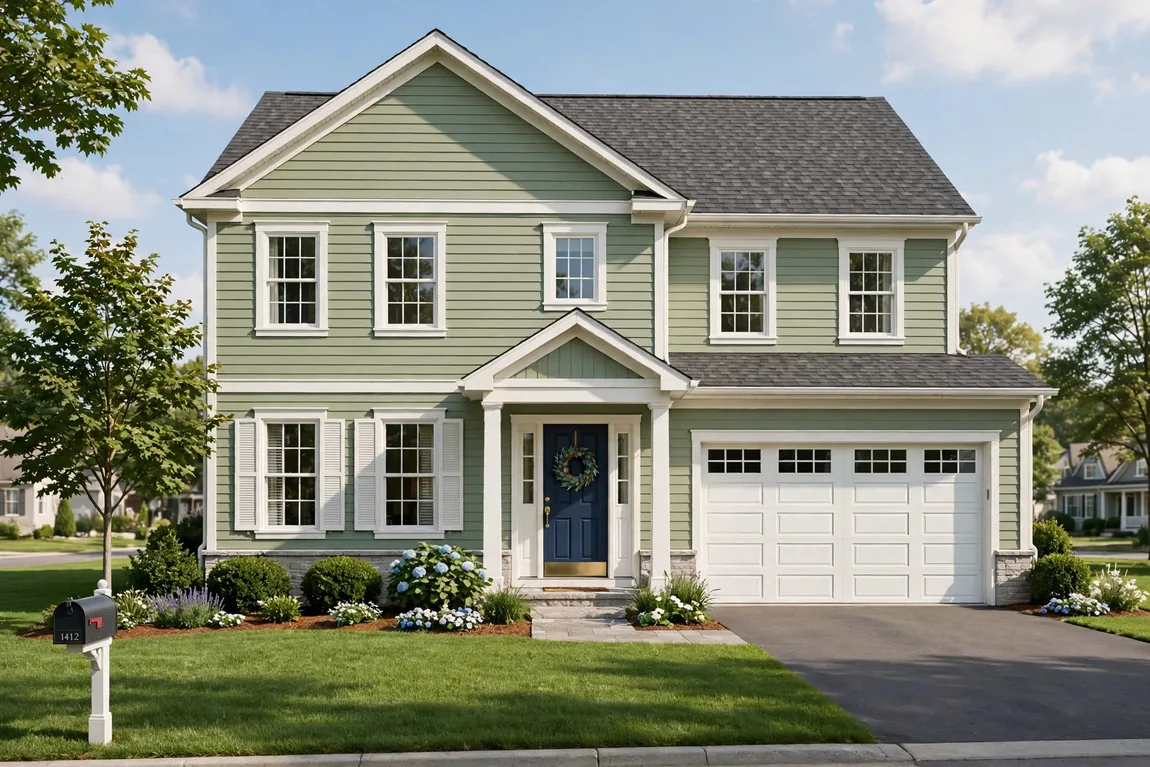 Exterior Painting Cost: 2026 Prices by Home Size, Siding Type, and DIY vs Pro 1 exterior painting cost - freshly painted sage green two-story suburban home with white trim and a navy front door (Illustrative image)