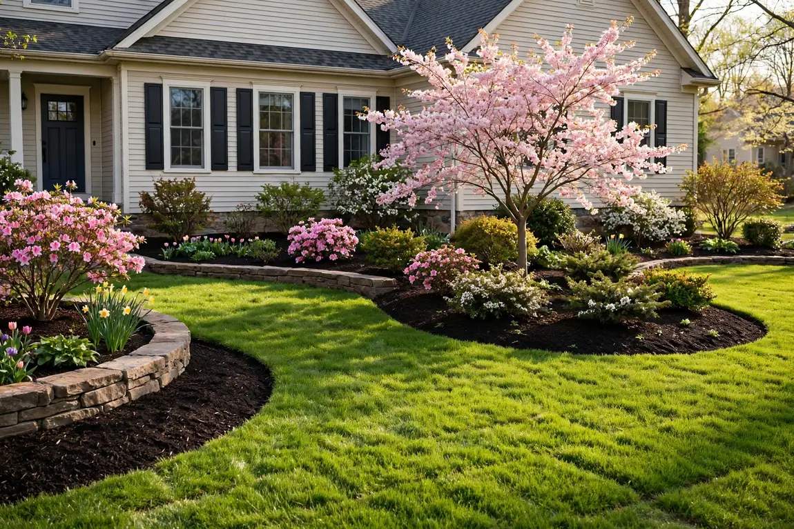 landscaping cost illustrated by a freshly landscaped suburban front yard with new sod, planting beds, shrubs and mulch