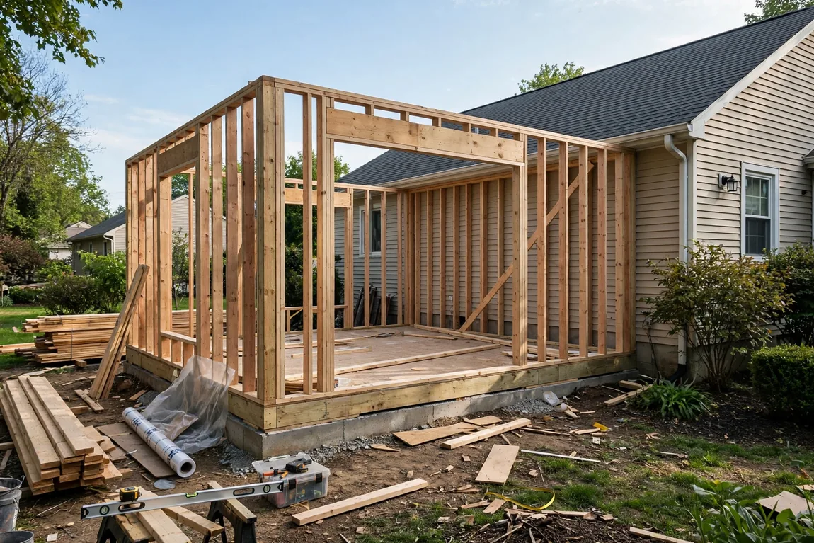 Home Addition Cost: What You'll Actually Pay in 2026 1 home addition cost guide showing a new ground-level room addition framed beside an existing house