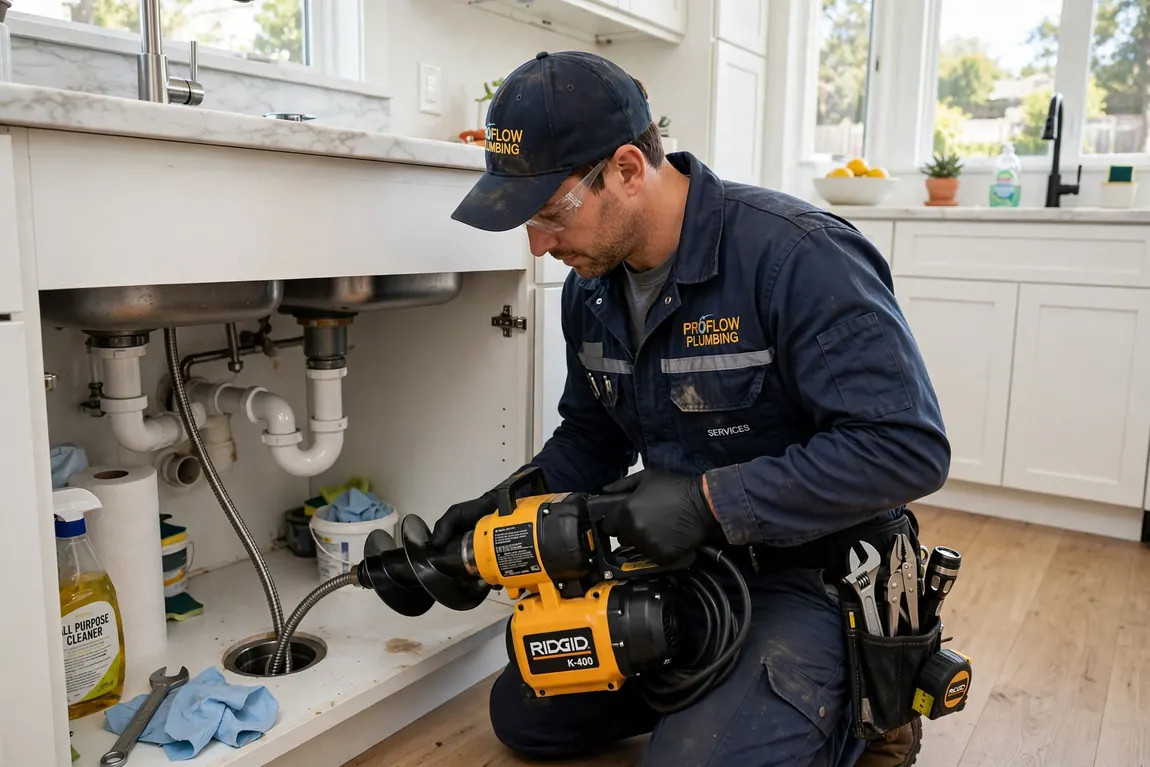 Plumber snaking a sink drain, showing how drain cleaning cost depends on the clog and access