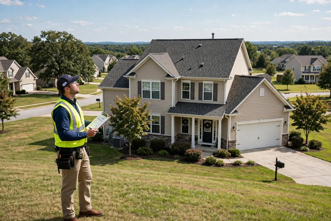 home inspection cost guide showing an inspector examining a house roof and exterior with a clipboard