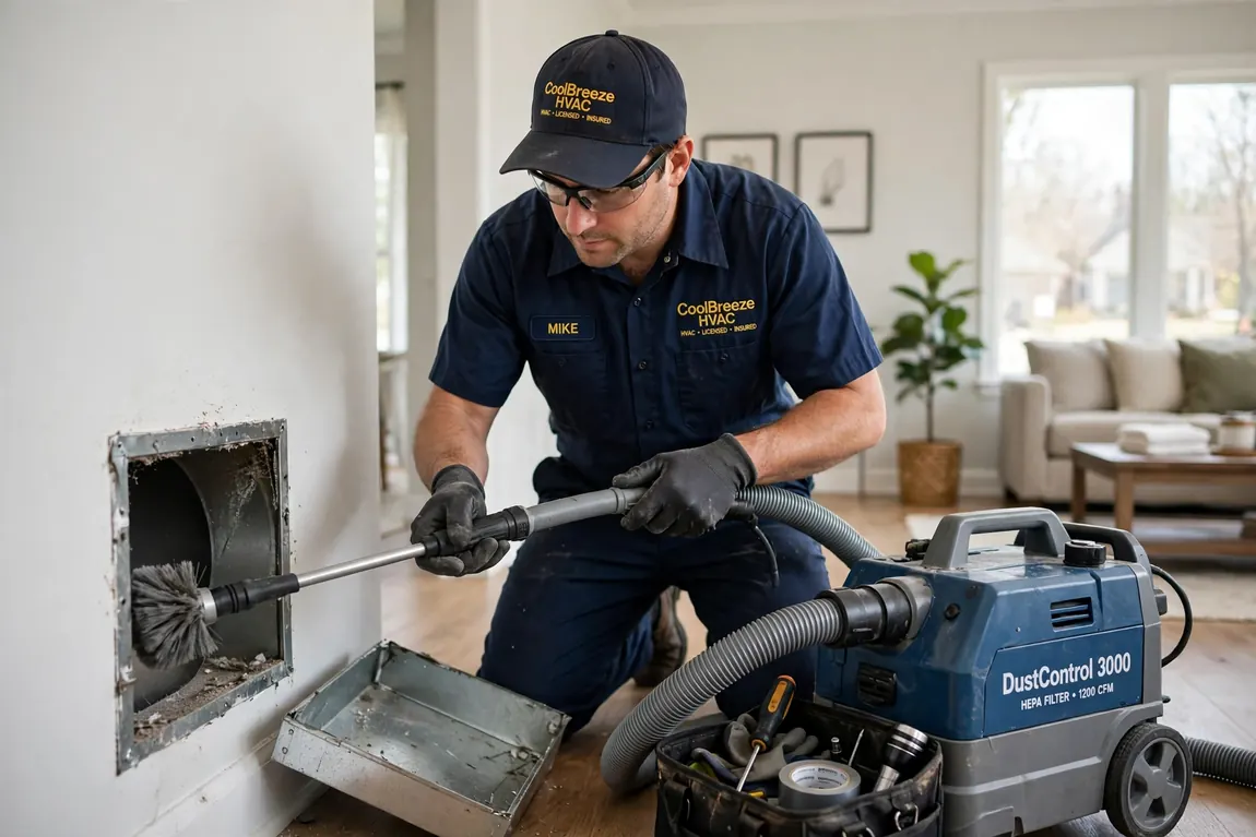 air duct cleaning cost guide showing a technician cleaning a home air duct with a rotary brush