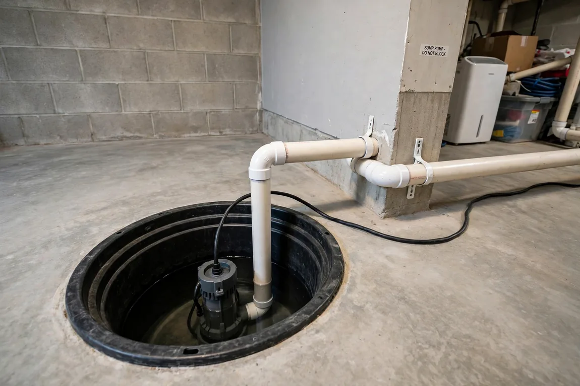 sump pump installation cost shown with a submersible pump installed in a basement basin