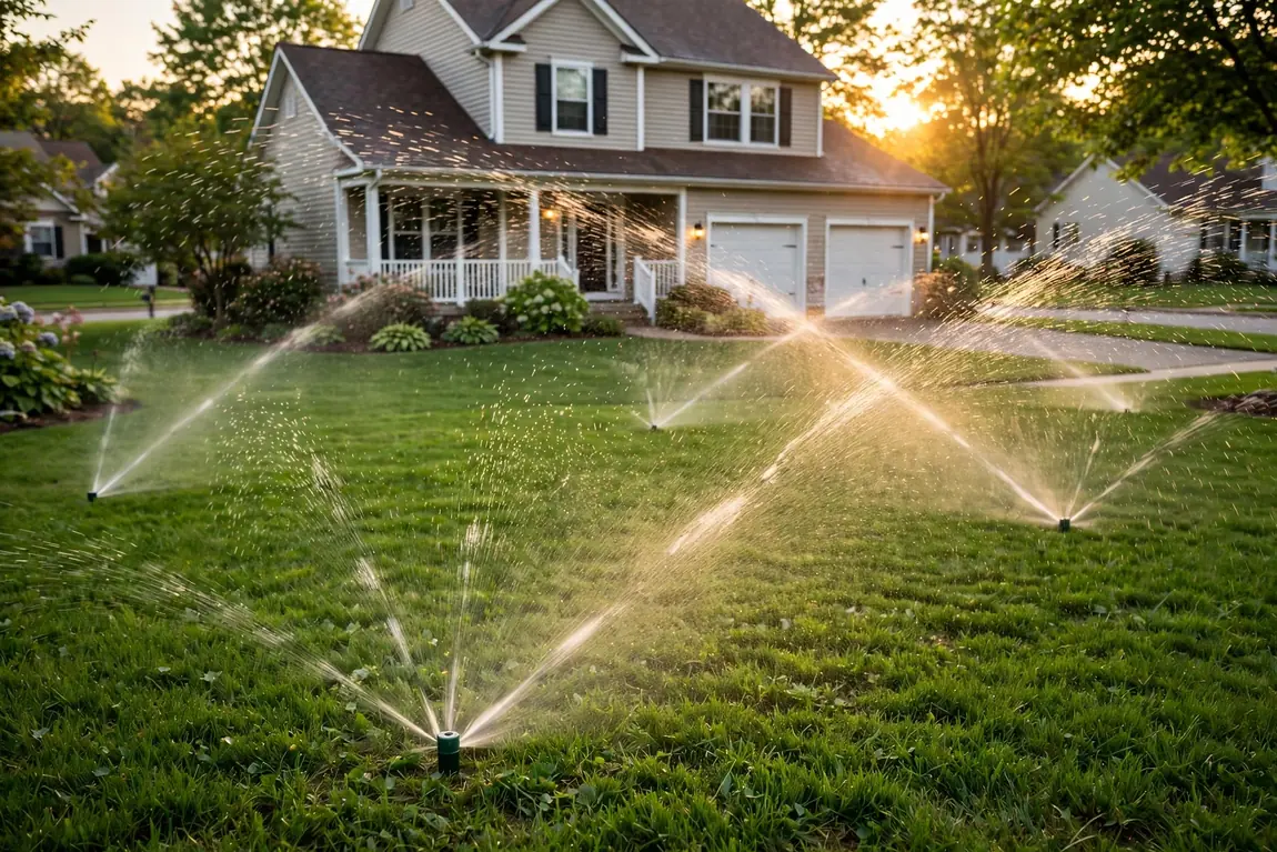 Sprinkler System Installation Cost 2026: Prices by Yard Size & Zone 1 sprinkler system installation cost for a green lawn with sprinklers watering a suburban yard
