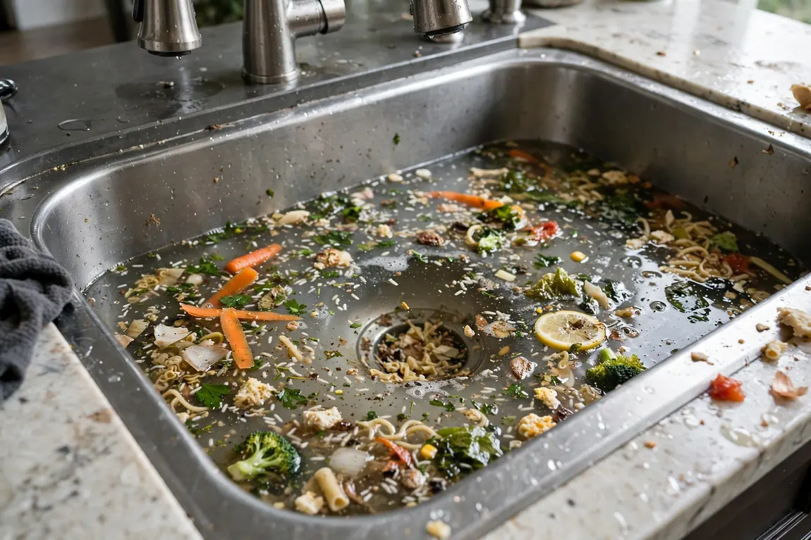 Clogged kitchen sink with standing water, a common reason homeowners check drain cleaning cost before calling a plumber